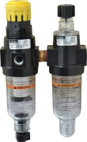 Parker - 1/4" NPT Port Miniature 2 Piece Filter/Regulator-Lubricator FRL Unit - Polycarbonate Bowl, 40 SCFM, 150 Max psi, 6.21" High, Manual Drain - Apex Tool & Supply