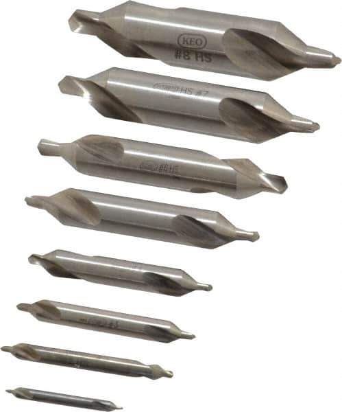 Keo - 8 Piece, #1 to 8, Plain Edge, High Speed Steel Combo Drill & Countersink Set - 60° Incl Angle - Apex Tool & Supply