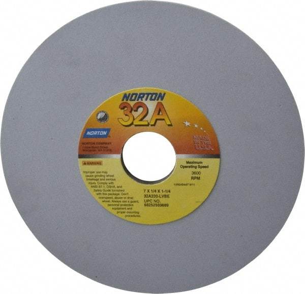 Norton - 7" Diam x 1-1/4" Hole x 1/4" Thick, L Hardness, 220 Grit Surface Grinding Wheel - Aluminum Oxide, Type 1, Very Fine Grade, 3,600 Max RPM, Vitrified Bond, No Recess - Apex Tool & Supply