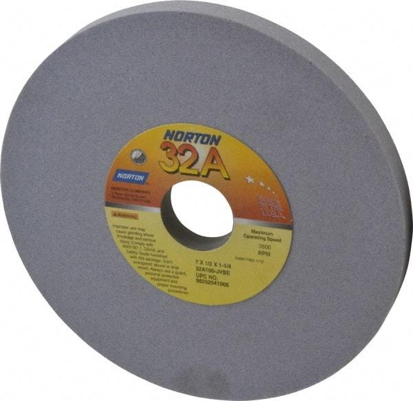 Norton - 7" Diam x 1-1/4" Hole x 1/2" Thick, J Hardness, 100 Grit Surface Grinding Wheel - Aluminum Oxide, Type 1, Fine Grade, 3,600 Max RPM, Vitrified Bond, No Recess - Apex Tool & Supply