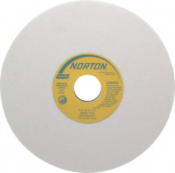 Norton - 8" Diam x 1-1/4" Hole x 1/4" Thick, I Hardness, 80 Grit Surface Grinding Wheel - Aluminum Oxide, Type 1, Medium Grade, 3,600 Max RPM, Vitrified Bond, No Recess - Apex Tool & Supply