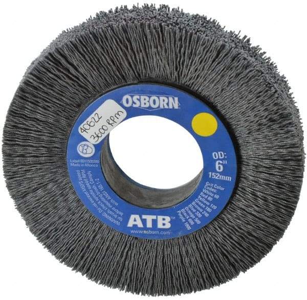 Osborn - 6" OD, 2" Arbor Hole, Crimped Nylon Wheel Brush - 1" Face Width, 1-1/4" Trim Length, 0.028" Filament Diam, 3,600 RPM - Apex Tool & Supply