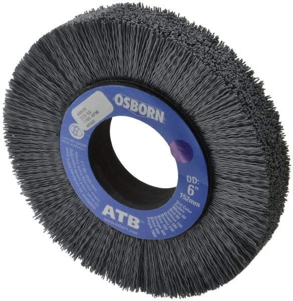 Osborn - 6" OD, 2" Arbor Hole, Crimped Nylon Wheel Brush - 1" Face Width, 1-1/4" Trim Length, 0.022" Filament Diam, 3,600 RPM - Apex Tool & Supply