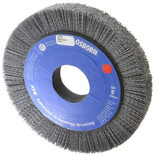 Osborn - 8" OD, 2" Arbor Hole, Crimped Nylon Wheel Brush - 1" Face Width, 1-1/4" Trim Length, 0.04" Filament Diam, 3,600 RPM - Apex Tool & Supply