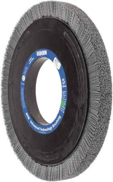 Osborn - 14" OD, 5-1/4" Arbor Hole, Crimped Nylon Wheel Brush - 1" Face Width, 1-1/4" Trim Length, 0.035" Filament Diam, 1,800 RPM - Apex Tool & Supply