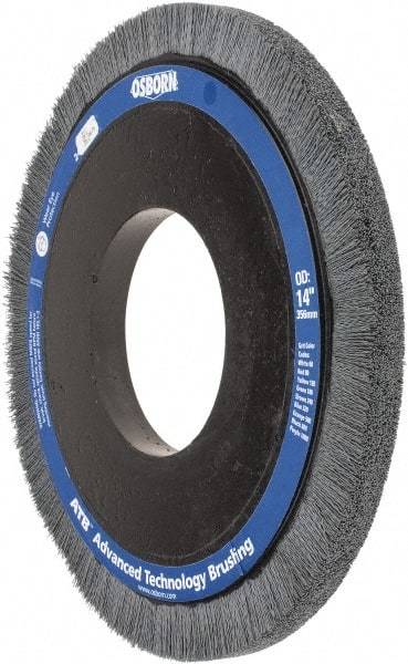 Osborn - 14" OD, 5-1/4" Arbor Hole, Crimped Nylon Wheel Brush - 1" Face Width, 1-1/4" Trim Length, 0.022" Filament Diam, 1,800 RPM - Apex Tool & Supply