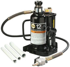Omega Lift Equipment - 12 Ton Capacity Air-Actuated Bottle Jack - 9-1/2" to 18-1/2" High, 6" Piston Stroke, 3-1/2" Screw Length, 1-3/4" Screw Diam, 1-3/4" Plunger Diam, 6-1/2" Wide Base - Apex Tool & Supply