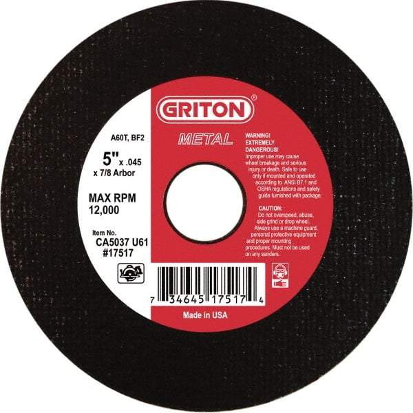 Made in USA - 5" 60 Grit Aluminum Oxide Cutoff Wheel - 0.045" Thick, 7/8" Arbor, 12,224 Max RPM, Use with Angle Grinders - Apex Tool & Supply