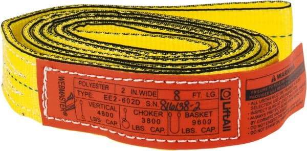 Lift-All - 8' Long x 2" Wide, 4,800 Lb Vertical Capacity, 2 Ply, Nylon Web Sling - 3,800 Lb Choker Capacity, Yellow - Apex Tool & Supply