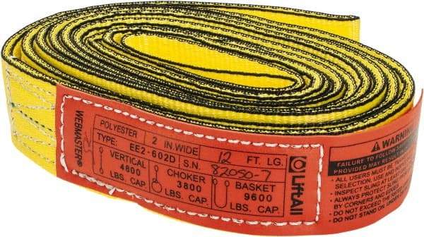 Lift-All - 12' Long x 2" Wide, 4,800 Lb Vertical Capacity, 2 Ply, Nylon Web Sling - 3,800 Lb Choker Capacity, Yellow - Apex Tool & Supply