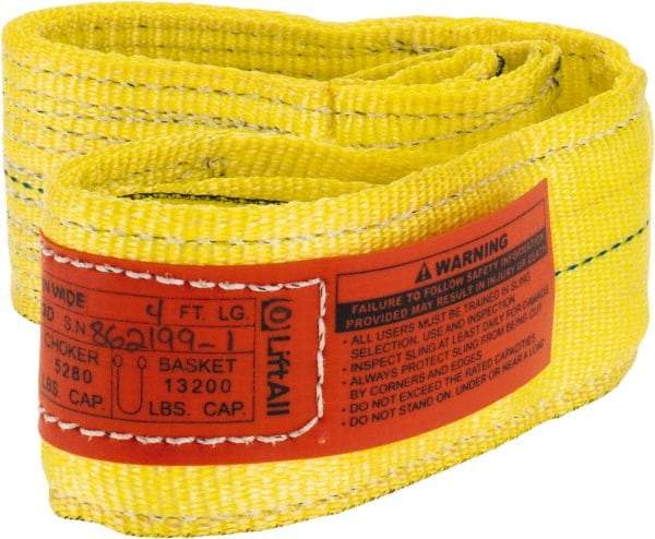 Lift-All - 4' Long x 3" Wide, 6,600 Lb Vertical Capacity, 2 Ply, Nylon Web Sling - 5,200 Lb Choker Capacity, Yellow - Apex Tool & Supply