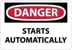 NMC - Accident Prevention Label, Header: DANGER - Legend: Danger - Starts Automatically, English, Red, Black & White, 5" Long x 3" High, Sign Muscle Finish - Apex Tool & Supply
