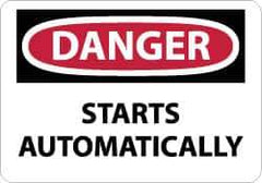 NMC - Accident Prevention Label, Header: DANGER - Legend: Danger - Starts Automatically, English, Red, Black & White, 5" Long x 3" High, Sign Muscle Finish - Apex Tool & Supply