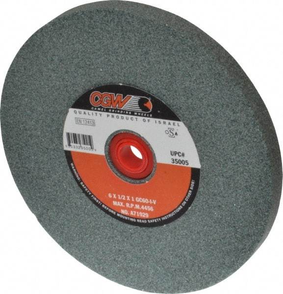 Camel Grinding Wheels - 60 Grit Silicon Carbide Bench & Pedestal Grinding Wheel - 6" Diam x 1" Hole x 1/2" Thick, 4456 Max RPM, I Hardness, Medium Grade , Vitrified Bond - Apex Tool & Supply