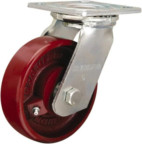 Hamilton - 5" Diam x 1-1/2" Wide x 6-1/8" OAH Top Plate Mount Swivel Caster - Cast Iron, 550 Lb Capacity, Straight Roller Bearing, 4 x 4-1/2" Plate - Apex Tool & Supply
