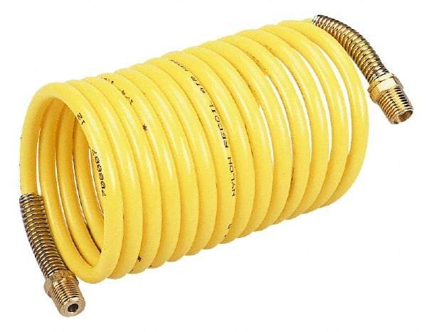 Coilhose Pneumatics - 3/8" ID, 3/8 Thread, 12' Long, Yellow Nylon Coiled & Self Storing Hose - 165 Max psi, Male Rigid x Male Swivel - Apex Tool & Supply