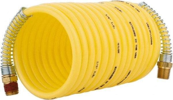 Coilhose Pneumatics - 1/4" ID, 1/4 Thread, 12' Long, Yellow Nylon Coiled & Self Storing Hose - 185 Max psi, Male Rigid x Male Swivel - Apex Tool & Supply