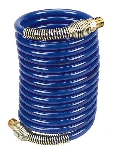 Coilhose Pneumatics - 1/4" ID, 1/4 Thread, 12' Long, Blue Nylon Coiled & Self Storing Hose - 220 Max psi, Male Swivel x Male Swivel - Apex Tool & Supply