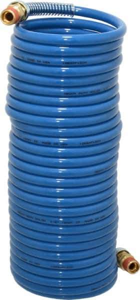 Coilhose Pneumatics - 1/4" ID, 1/4 Thread, 25' Long, Blue Nylon Coiled & Self Storing Hose - 220 Max psi, Male Swivel x Male Swivel - Apex Tool & Supply
