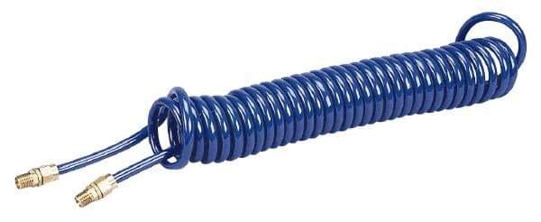 Coilhose Pneumatics - 1/4" ID, 1/4 Thread, 20' Long, Blue Polyurethane Coiled & Self Storing Hose - 125 Max psi, Male Swivel x Male Swivel - Apex Tool & Supply
