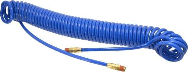 Coilhose Pneumatics - 1/4" ID, 1/4 Thread, 30' Long, Blue Polyurethane Coiled & Self Storing Hose - 125 Max psi, Male Swivel x Male Swivel - Apex Tool & Supply