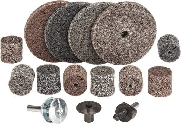 3M - 14 Piece Deburring Kit - 1 & 3" Diam Unitized Wheels in Fine, Medium & Coarse Grades, 1/4" Inch Shank Diam, Aluminum Oxide, Silicon Carbide, Mandrel Connection, Shank Included - Apex Tool & Supply