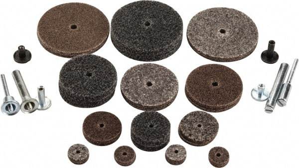 3M - 30 Piece Deburring Kit - 1/2, 1, 1-1/2 & 2" Diam Unitized Wheels in Fine, Medium & Coarse Grades, 1/8 & 1/4" Shank Diam, Aluminum Oxide & Silicon Carbide - Apex Tool & Supply