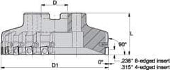 Kennametal - 8 Inserts, 6" Cut Diam, 2" Arbor Diam, 0.361" Max Depth of Cut, Indexable Square-Shoulder Face Mill - 0/90° Lead Angle, 2.38" High, SD.T 43.. Insert Compatibility, Series KSSM - Apex Tool & Supply