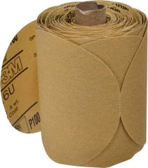 3M - 5" Diam, 100 Grit FEPA, Aluminum Oxide Adhesive PSA Disc - Fine Grade, Gold, A Weighted Backing, Flexible, Use with Random Orbital Sanders - Apex Tool & Supply