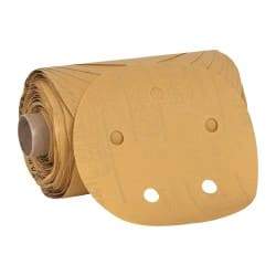 3M - 5" Diam, 320 Grit FEPA, Aluminum Oxide Adhesive PSA Disc - Extra Fine Grade, Gold, A Weighted Backing, Flexible, Use with Random Orbital Sanders - Apex Tool & Supply