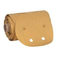 3M - 5" Diam, 320 Grit FEPA, Aluminum Oxide Adhesive PSA Disc - Extra Fine Grade, Gold, A Weighted Backing, Flexible, Use with Random Orbital Sanders - Apex Tool & Supply