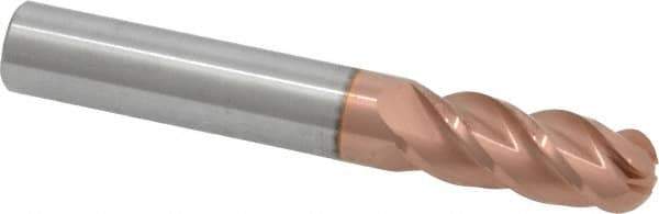 Accupro - 10mm Diam, 25mm LOC, 4 Flute Solid Carbide Ball End Mill - TiCN Finish, Single End, 70mm OAL, 10mm Shank Diam, Spiral Flute - Apex Tool & Supply