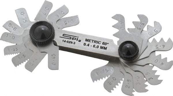 SPI - 20 Leaf, 0.4 to 6mm Pitch Range, Steel Screw Pitch Gage - 60° Thread Angle - Apex Tool & Supply