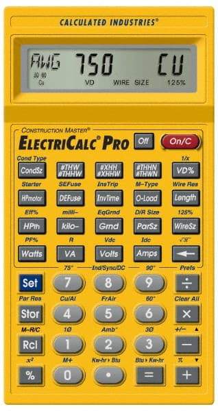Calculated Industries - 8-Digit LCD with Annunciator-Legends 30 Function Handheld Calculator - 5/8" x 2-1/2" (15.88mm x 63.5mm) Display Size, Yellow, CR-2032 Powered, 9" Long x 8-1/2" Wide x 1-1/2" High - Apex Tool & Supply
