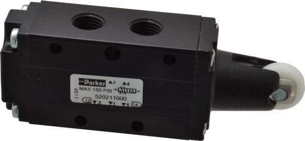 Parker - 0.83 CV Rate, 1/4" NPT Inlet HD Mechanical Oper Valve - 4 Way, 2 Position, 1/4" NPT Outlet, 150 Max psi, Roller Spring Return - Apex Tool & Supply