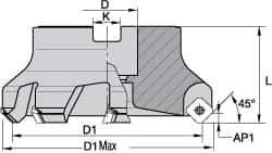 Kennametal - 50.04mm Cut Diam, 3/4" Arbor Hole, 6.6mm Max Depth of Cut, 45° Indexable Chamfer & Angle Face Mill - 3 Inserts, SEKT 1404... Insert, Right Hand Cut, 3 Flutes, Series KSSM - Apex Tool & Supply