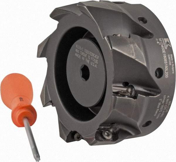 Kennametal - 8 Inserts, 4" Cut Diam, 1-1/2" Arbor Diam, 18.03mm Max Depth of Cut, Indexable Square-Shoulder Face Mill - 0/90° Lead Angle, 2" High, EC18.., EP18.. Insert Compatibility, Through Coolant, Series Mill 1-18 - Apex Tool & Supply