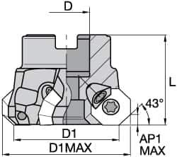 Kennametal - 2-1/2" Cut Diam, 3/4" Arbor Hole, 3.5mm Max Depth of Cut, 43° Indexable Chamfer & Angle Face Mill - 7 Inserts, OF.T 06L5... Insert, Right Hand Cut, 7 Flutes, Through Coolant, Series KSOM Mini - Apex Tool & Supply