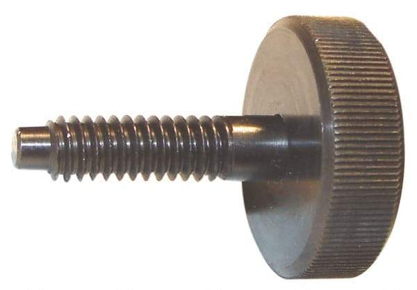 Morton Machine Works - M10x1.50 Knurled Shoulderless Dog Point Tip Grade C-12L14 Steel Thumb Screw - 2-7/16" OAL, 1-1/4" Head Diam x 7/16" Head Height, Black Oxide Finish - Apex Tool & Supply