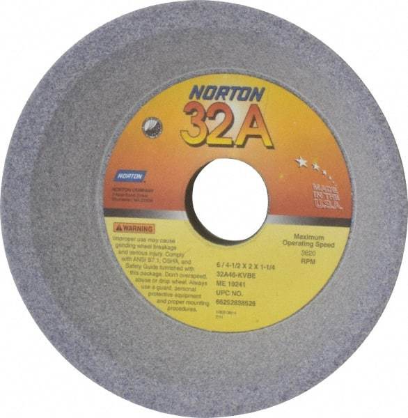 Norton - 6" Diam, 1-1/4" Hole Size, 2" Overall Thickness, 46 Grit, Type 11 Tool & Cutter Grinding Wheel - Coarse Grade, Aluminum Oxide, K Hardness, Vitrified Bond, 3,820 RPM - Apex Tool & Supply