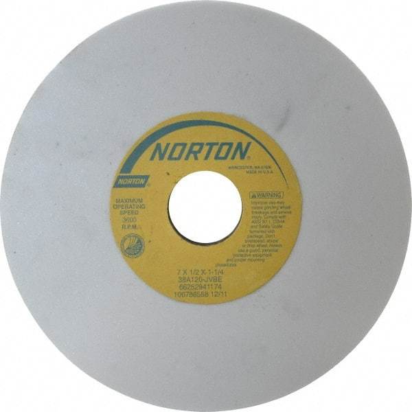 Norton - 7" Diam x 1-1/4" Hole x 1/2" Thick, J Hardness, 120 Grit Surface Grinding Wheel - Aluminum Oxide, Type 1, Fine Grade, 3,600 Max RPM, Vitrified Bond, No Recess - Apex Tool & Supply