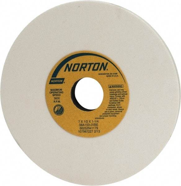 Norton - 7" Diam x 1-1/4" Hole x 1/2" Thick, J Hardness, 150 Grit Surface Grinding Wheel - Aluminum Oxide, Type 1, Very Fine Grade, 3,600 Max RPM, Vitrified Bond, No Recess - Apex Tool & Supply