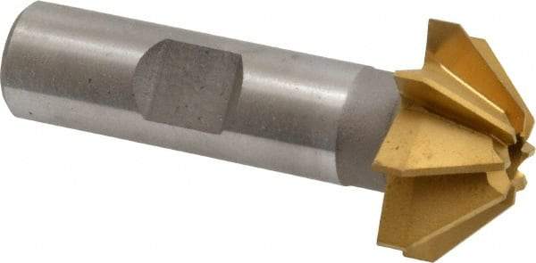 Made in USA - 1" Large x 3/8" Small Diam, 7/16" Width of Cut, 90° Included Angle, 8 Teeth, High Speed Steel Face Angle Cutter - 1/2" Shank Diam, 2-3/16" Overall Length, Weldon Flat - Apex Tool & Supply