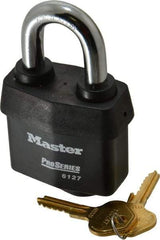 Master Lock - 1-3/8" Shackle Clearance, Keyed Different Padlock - 7/8" Shackle Width, 7/16" Shackle Diam, Laminated Steel - Apex Tool & Supply