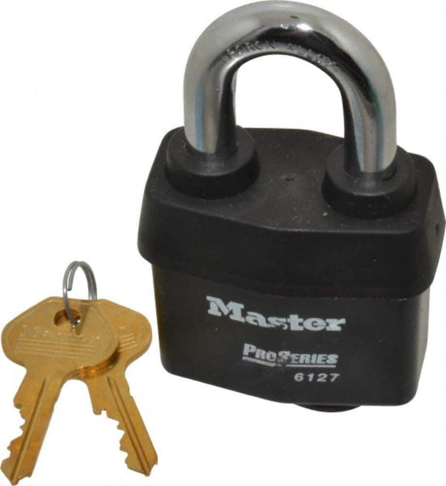 Master Lock - 1-3/8" Shackle Clearance, Keyed Alike Padlock - 7/8" Shackle Width, 7/16" Shackle Diam, Laminated Steel - Apex Tool & Supply