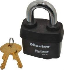Master Lock - 1-3/8" Shackle Clearance, Keyed Alike Padlock - 7/8" Shackle Width, 7/16" Shackle Diam, Laminated Steel - Apex Tool & Supply
