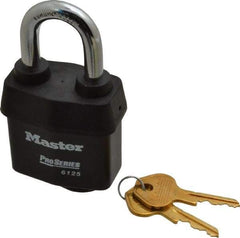 Master Lock - 1-3/8" Shackle Clearance, Keyed Different Padlock - 7/8" Shackle Width, 3/8" Shackle Diam, Laminated Steel - Apex Tool & Supply