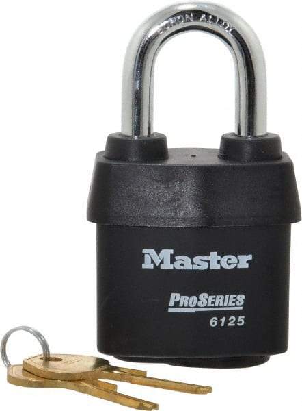 Master Lock - 1-3/8" Shackle Clearance, Keyed Alike Padlock - 7/8" Shackle Width, 3/8" Shackle Diam, Laminated Steel - Apex Tool & Supply