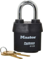 Master Lock - 1-3/8" Shackle Clearance, Keyed Alike Padlock - 7/8" Shackle Width, 3/8" Shackle Diam, Laminated Steel - Apex Tool & Supply