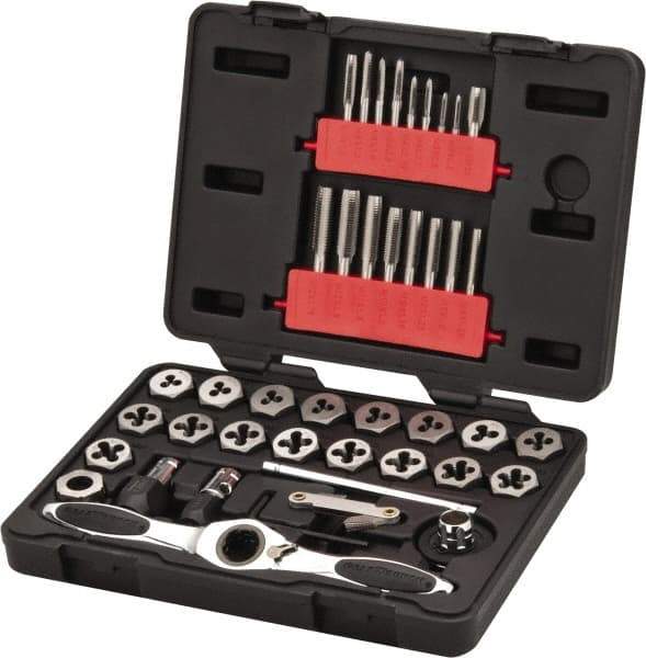 GearWrench - M3x0.50 to M12x1.75 Tap, M3x0.50 to M12x1.75 Die, BSP, Metric Coarse, Metric Fine, Tap and Die Set - Carbon Steel, Carbon Steel Taps, Plug, Taper Taps, Nonadjustable 1" Hex Size, 40 Piece Set with Plastic Case - Exact Industrial Supply